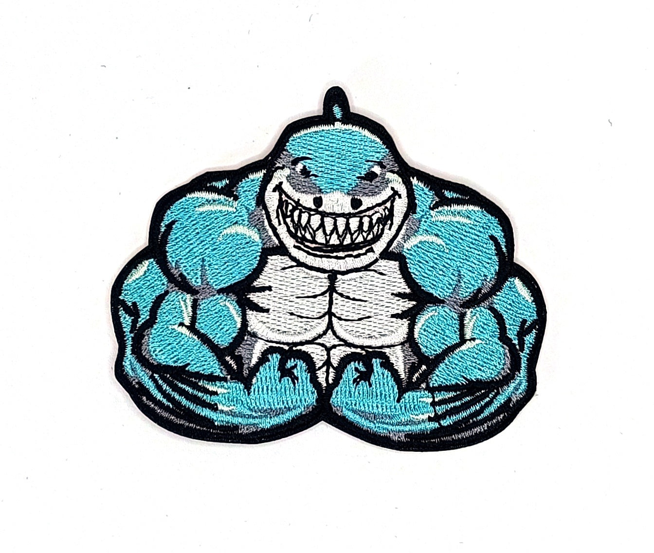 Бродирана нашивка Muscle Shark – Синя мускулеста акула, 8.5x7.1 см