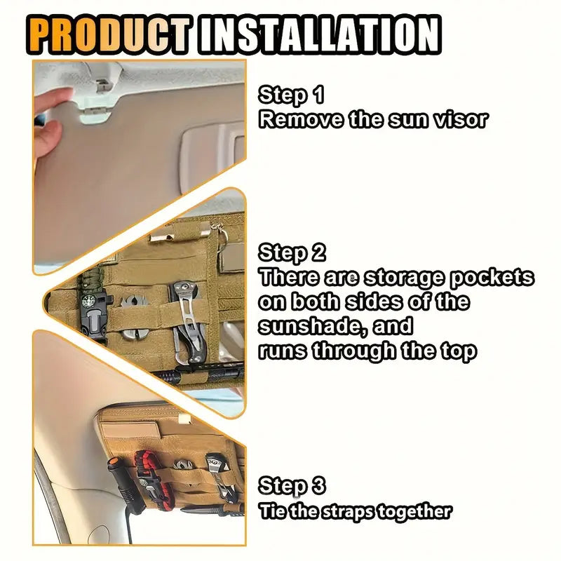 Двоен тактически органайзер за сенник за кола, джип, бус – MOLLE система, велкро, джобове за документи, очила и телефон + Подарък Нашивка, Персонализиране