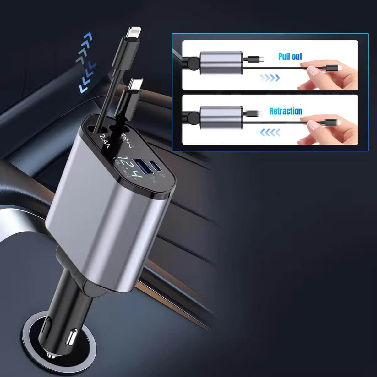 100W Бързо Зарядно за Автомобил с Прибиращи се Кабели, LED Дисплей, Подарък, - JAFRA