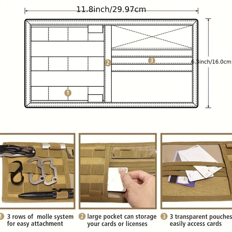 Тактически органайзер за сенник за кола, джип, бус – MOLLE система, велкро, джобове за документи, очила и телефон + Подарък Нашивка, Персонализиране