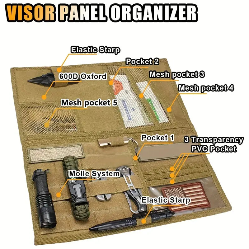 Двоен тактически органайзер за сенник за кола, джип, бус – MOLLE система, велкро, джобове за документи, очила и телефон + Подарък Нашивка, Персонализиране