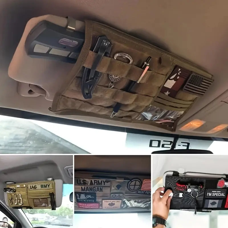 Двоен тактически органайзер за сенник за кола, джип, бус – MOLLE система, велкро, джобове за документи, очила и телефон + Подарък Нашивка, Персонализиране
