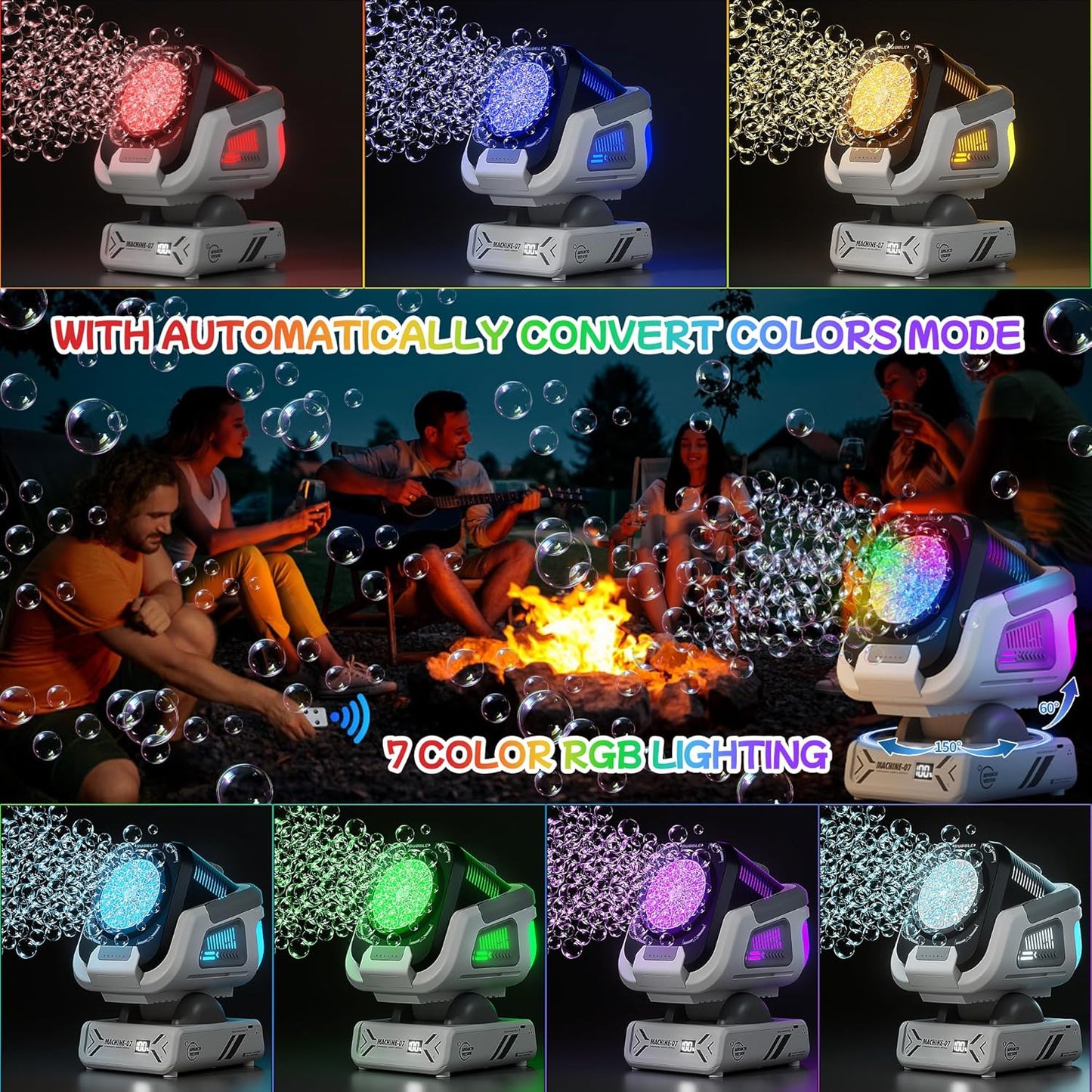 Автоматична машина за балони с батерия и LED светлини, въртене на 150° и RGB ефекти