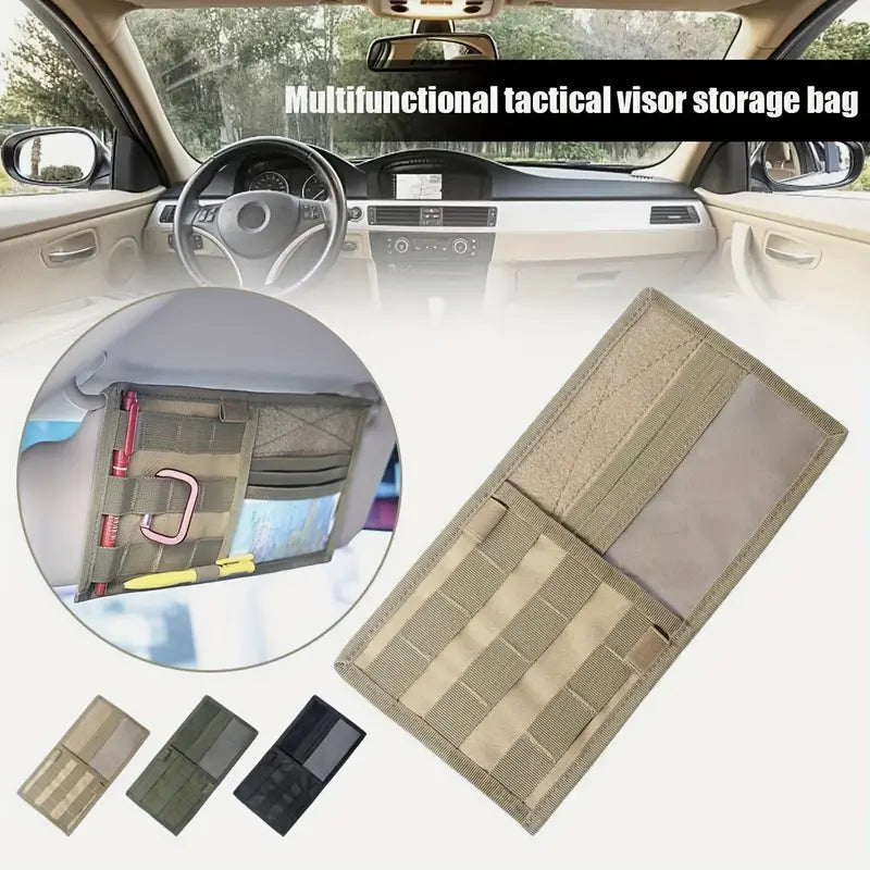 Тактически органайзер за сенник за кола, джип, бус – MOLLE система, велкро, джобове за документи, очила и телефон + Подарък Нашивка, Персонализиране