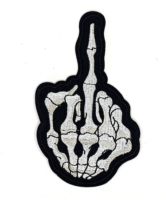 Skeleton Middle Finger – Бродирана нашивка "Fuck You" 9x6 см