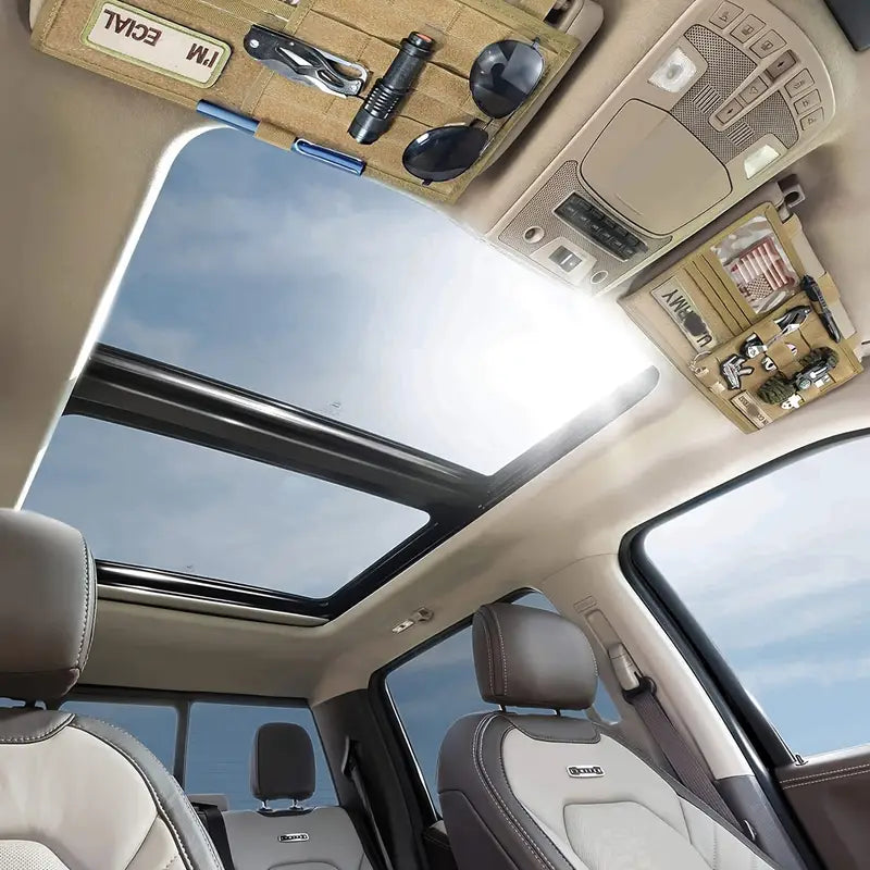 Двоен тактически органайзер за сенник за кола, джип, бус – MOLLE система, велкро, джобове за документи, очила и телефон + Подарък Нашивка, Персонализиране