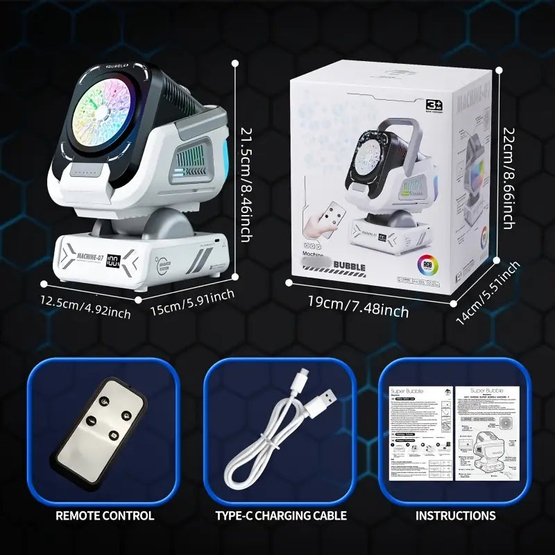 Автоматична машина за балони с батерия и LED светлини, въртене на 150° и RGB ефекти