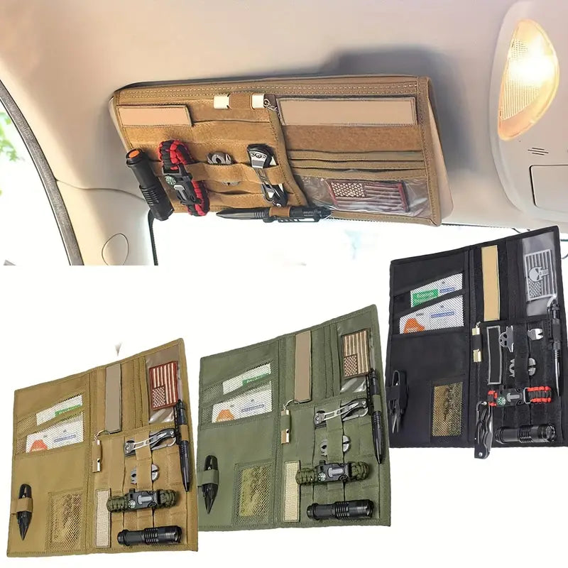 Двоен тактически органайзер за сенник за кола, джип, бус – MOLLE система, велкро, джобове за документи, очила и телефон + Подарък Нашивка, Персонализиране