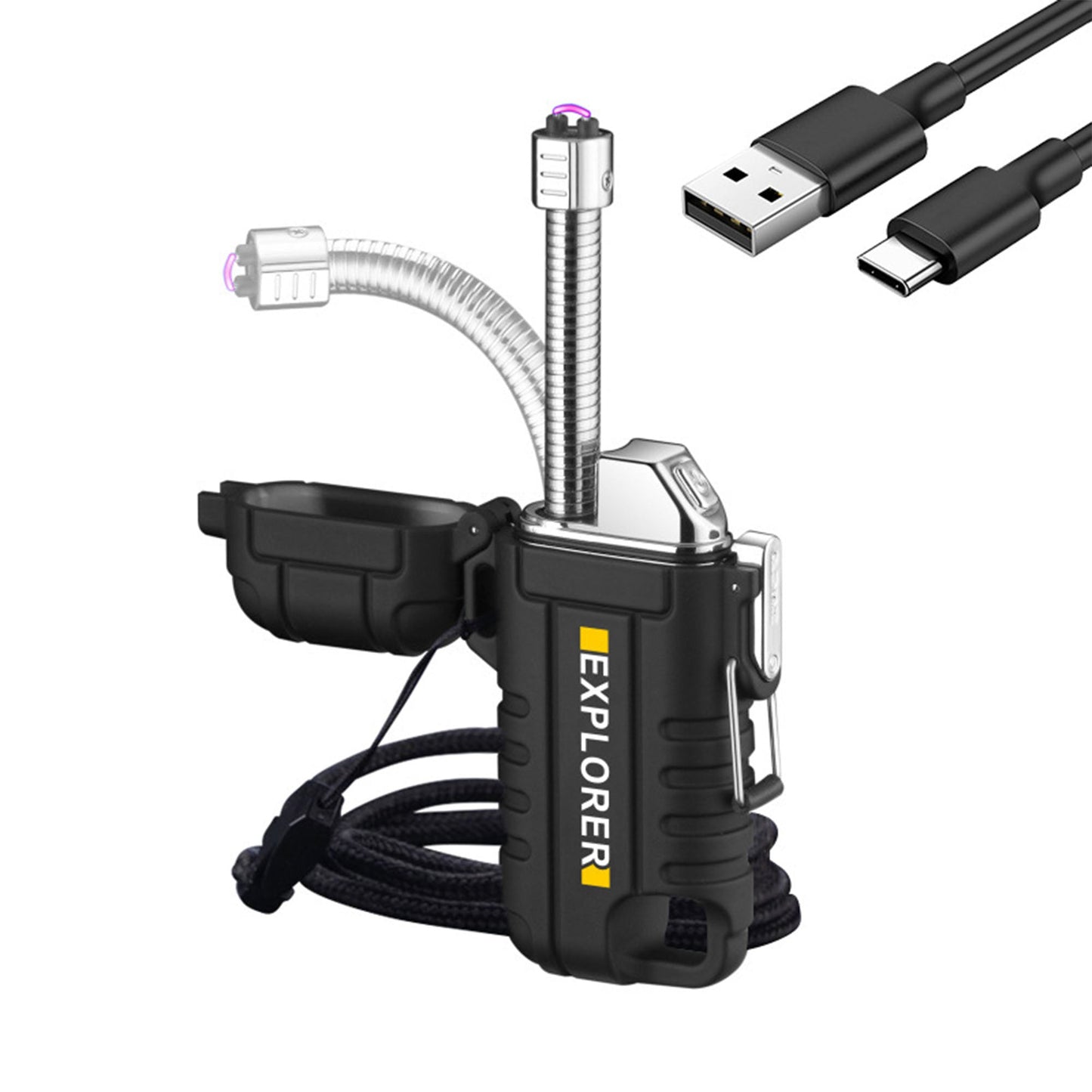 Електрическа, плазмена запалка EXPLORER с карабинер – USB зареждане, индикатор за батерията, гъвкаво рамо, ветроустойчива, водоустойчива - JAFRA