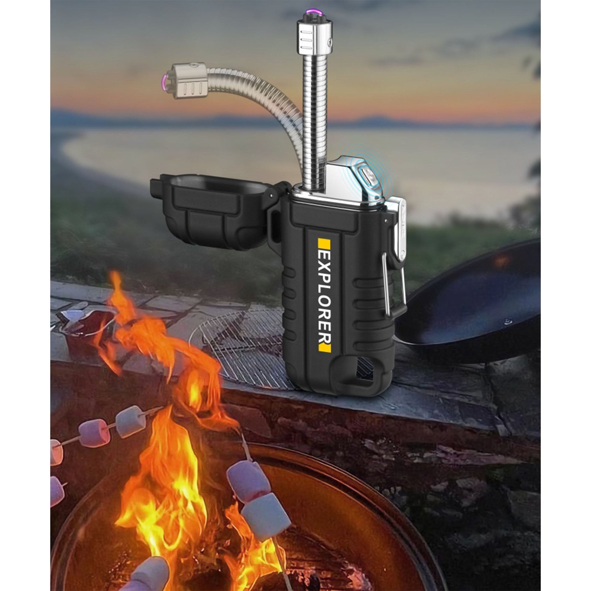 Електрическа, плазмена запалка EXPLORER с карабинер – USB зареждане, индикатор за батерията, гъвкаво рамо, ветроустойчива, водоустойчива - JAFRA