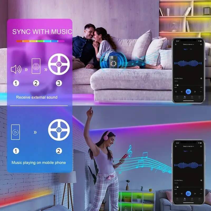 5м LED Лента RGB-IC, Bluetooth, Цветомузика, Микрофон, App, Дистанционно