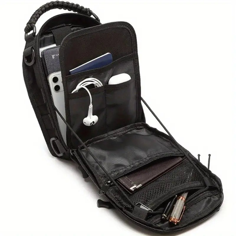 Тактическа мъжка чанта през рамо – 900D Оксфорд, MOLLE система, водоустойчива, за къмпинг, риболов и трекинг с велкро панел + подарък нашивка