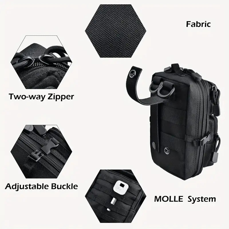 Компактна тактическа чанта с MOLLE система – Универсална чанта за инструменти, къмпинг и ежедневно носене – Черна, 1.5L + подарък нашивка